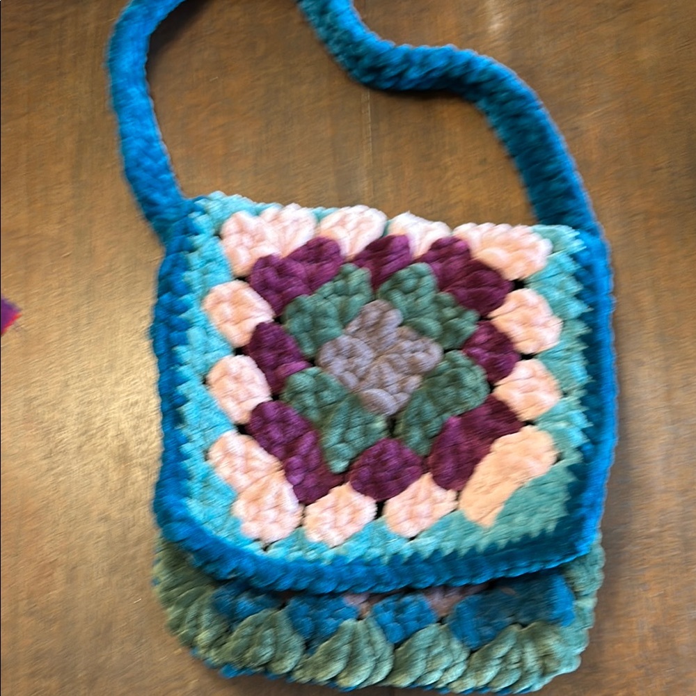 Blue and Purple Crossbody Bag with Crochet Design and Fringe Detail
